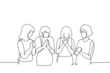 group of four women stand side by side with their palms folded - one line art vector. Hand-drawn sketch illustration. concept of prayer, saying mantra