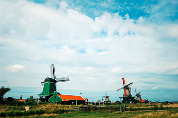 Beautiful view of traditional windmills in the countryside, Netherlands
