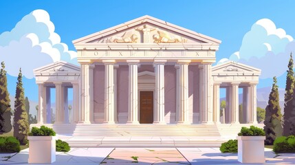 An ancient greek temple with pillars with white marble arches and columns with capitals of the doric style in front of a Roman palace.