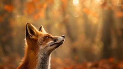  A vivid portrait of a wild fox attentively looking upwards, captured in the soft glow of autumn...