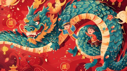 A beautiful blue dragon is wrapped around children and a festive Chinese New Year decoration is placed on a red background. Text reads: Dragons bring prosperity. Fortune. Fortune.