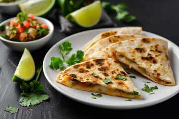 Platter of assorted quesadillas, including vegetarian options with grilled vegetables and black beans, alongside traditional cheese and beef.