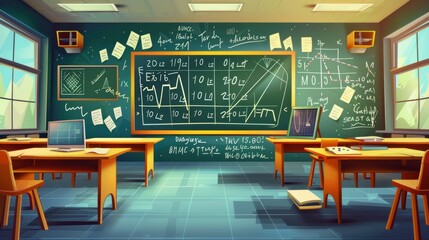 An empty classroom interior for mathematics, geometry, and algebra teaching in school or college with a graph on the chalkboard. Modern cartoon illustration.