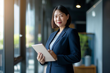 poised and professional East Asian businesswoman holding a tablet stands confidently