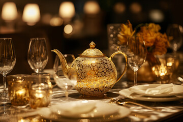 Fototapeta premium a premium teapot crafted from fine porcelain rests on an intricately designed silver tray on table