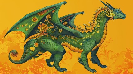 Obraz premium Detailed illustration of an orange background with an illustrated green dragon with floral pattern.