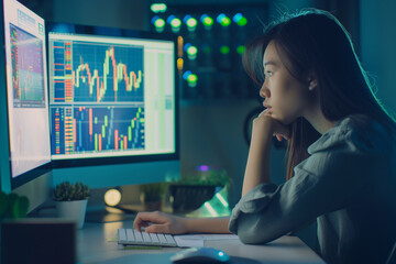 An Asian woman is captured at her home office setup, deeply focused on stock or cryptocurrency trading on her computer.