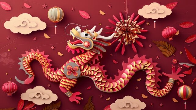 Dragon dance element set isolated on burgundy red background. Including dragon, dragon dance costume, performers, lanterns, fireworks, firecrackers, cloud, and pine leaves bush.