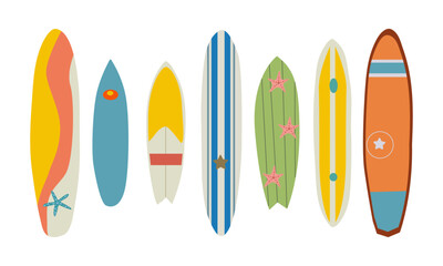 vector surfboard set isolated on white background, various surf tables, flat style, cartoon vector illustration