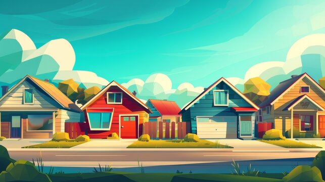 Cottage in suburbs with garage. Modern cartoon illustration of village mansions facade. Summer country landscape with private buildings and town silhouettes.