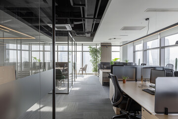 elegance of modern office design with this image, capturing a spacious corporate interior that...