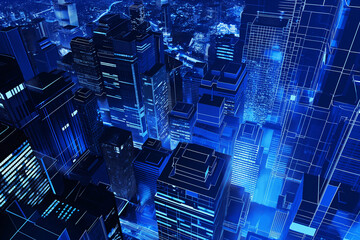 Envision a digitally generated cityscape bathed in a serene blue tone, capturing the essence of a...