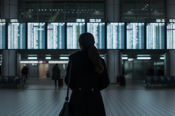woman in a dark coat embodies the essence of anticipation. She stands transfixed by the departure boards, their glow a beacon of possibilities - obrazy, fototapety, plakaty