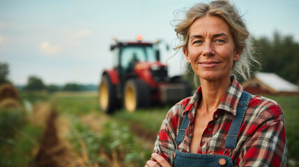 A smiling woman farmer stands confidently in front of a tractor on her farm. - Powered by Adobe