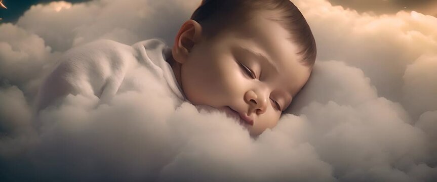The baby is sleeping quietly with his eyes closed on a soft cloud with twinkling stars in the background