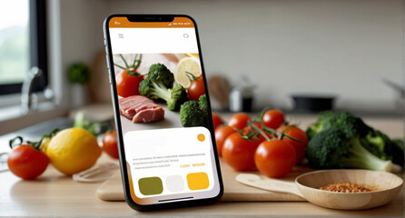 Online cookbook and shopping list through mobile app marketplace. Phone with lunch recipe and ingredients on the screen on the kitchen counter. Modern domestic lifestyle.