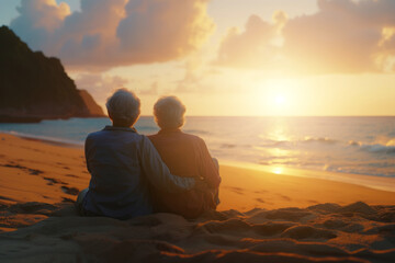 Elderly couple sitting on the sandy beach and looking at the sunset, rear view
 - Powered by Adobe