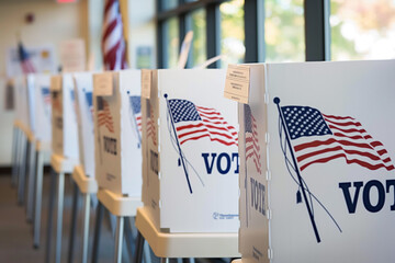American democracy with this image of voting stations arrayed neatly against a wall adorned with patriotic bunting, reflecting the nation's colors.