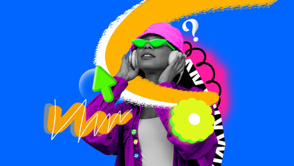 Hipster trends. Young woman wearing trendy sunglasses, headphones and casual clothes. Comfort. Contemporary art collage. Concept of modern fashion, creative, youth, style. Vibrant design