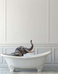 Fototapeta premium A photo of an elephant sitting in the bathtub, splashing water with its trunk. The background is a simple wall with white paneling. The overall mood is humorous and playful