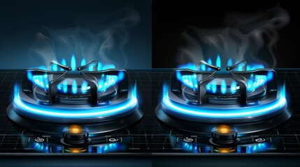 Burning propane butane in oven for cooking in top and side views. Modern realistic mockup of burning propane butane in oven for cooking isolated on transparent wall. - obrazy, fototapety, plakaty