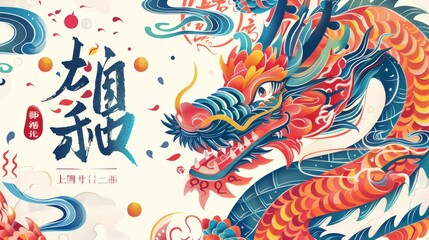 On white background, there is a vibrant dragon surrounded by Chinese greeting words. Text reads: Dragon brings prosperity.