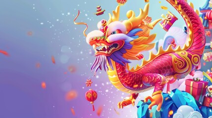 A Chinese new year poster with a giant dragon soaring in the air with people and presents all around. Text: Happy new year.