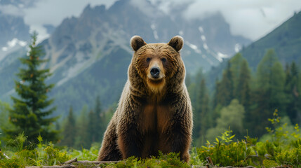 Brown grizzly bear in outdoor natural  forest mountain background 