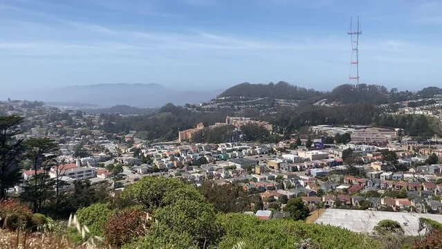 Beautiful landscape of Golden Gate Park, Sutro Tower, Downtown San Francisco Bay Bridge