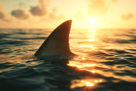 Shark fin sticking out of the water close-up in the ocean or sea against the sunset background
