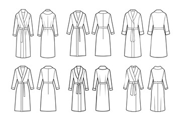 Set of bathrobes for women. Front and back views. Hand drawn illustration, sketch. Vector