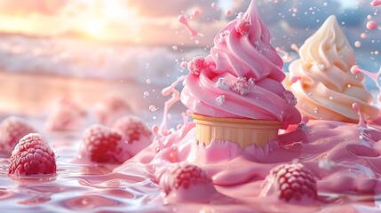 copy space a lots of floating strawberry ice cream, sky clouds solid color background advertising element