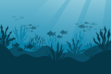 Fototapeta na wymiar Underwater ocean landscape, algae and reefs, silhouette of a school of fish. Seabed background with ocean flora and fauna, corals, silhouettes of sea animals. Vector