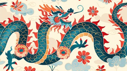 On a cream colored background, there is an oriental dragon with a beautiful pattern.