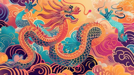 An Oriental Dragon pattern on an abstract background for the Chinese New Year. Translation: Dragon brings prosperity.