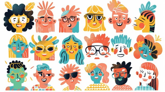  An illustrative set of colorful portraits showcasing a diverse range of emotions and expressions, rendered in a modern line art style.