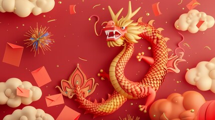 The background of the CNY dragon charm is red with clouds, red envelopes, fireworks, gold and confetti. Translation: Rejoice for the new year. Draw it.