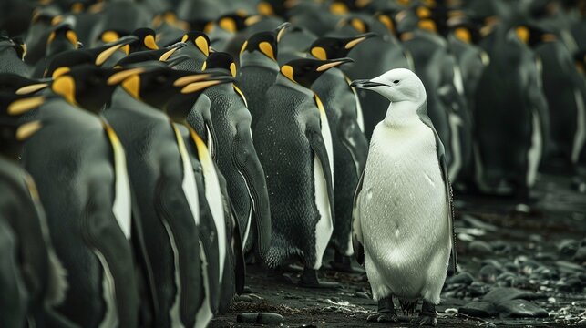A white Penguins alone among a Penguins of black Penguins, concept of standing out from the crowd as a leader, of being different and unique with its own identity and special skills among the others
