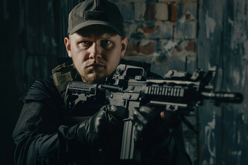 Fototapeta premium caucasian man, special forces soldier, armed man in black gear holding an assault rifle