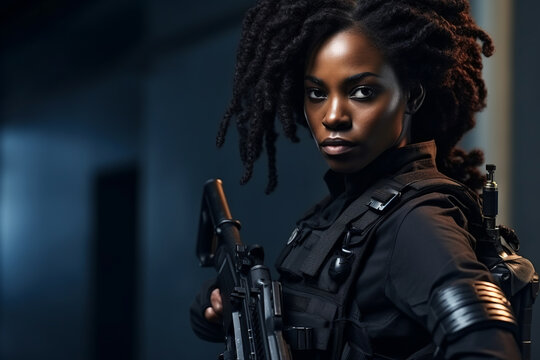 african american woman, special forces soldier, armed woman in black gear holding an assault rifle - Powered by Adobe