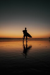 Vertical shot of a person with a surfing board walking on the beach at sunset perfect for wallpapers