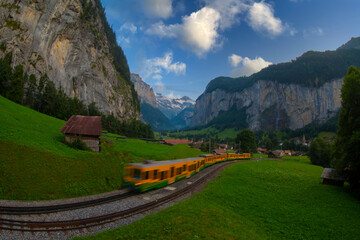 Lauterbrunnen, Switzerland beautiful morning with patchy fog during