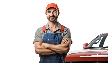 Smiling young mechanic holding a wrench isolated on transparent and white background.PNG image.