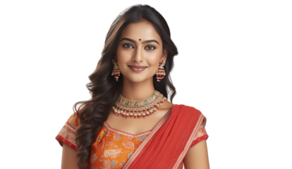 Beautiful Indian woman in traditional dress isolated on transparent and white background.PNG image.