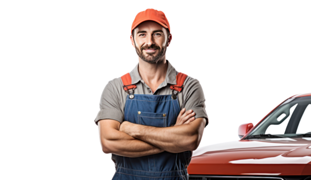 Smiling young mechanic holding a wrench isolated on transparent and white background.PNG image.