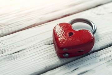 Red heart-shaped padlock on white boards close-up with space for text or inscriptions, selective focus, Valentine's Day background