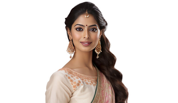 Beautiful Indian woman in traditional dress isolated on transparent and white background.PNG image.