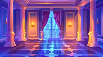 This is an illustration of a castle ballroom, an old palace hall, with glowing lamps, floor-to-ceiling windows and curtains. The room has marble pillars and tiled floors. It has antique architecture,