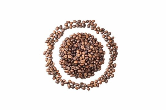 Heap Of Coffee Beans, Round Border From Coffee Beans, Spread On White Background