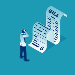 Bill concept. Sad businessman with big invoice. Paper check in hand. Vector illustration isometric design. Report finance, and expenses.